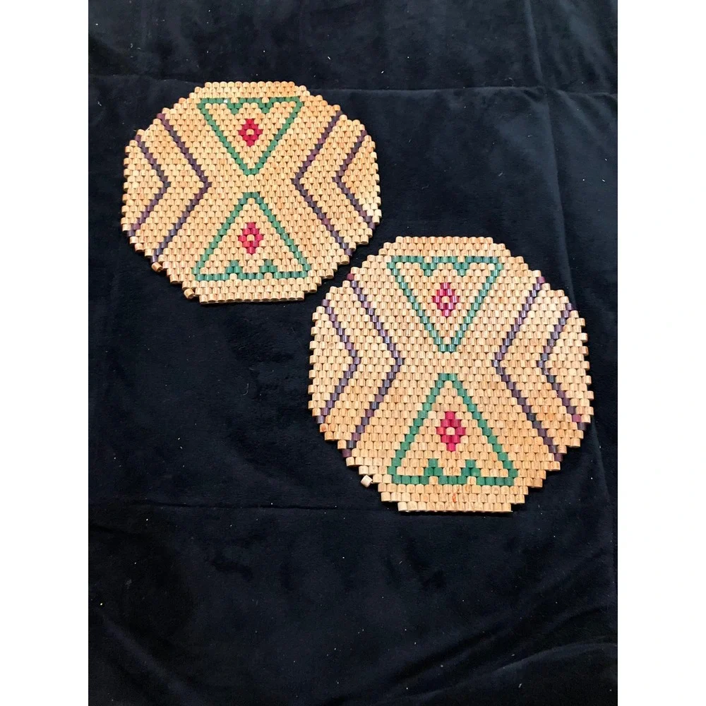 Wooden Bead Trivets Set of 2 Tan Green Geometric Vintage